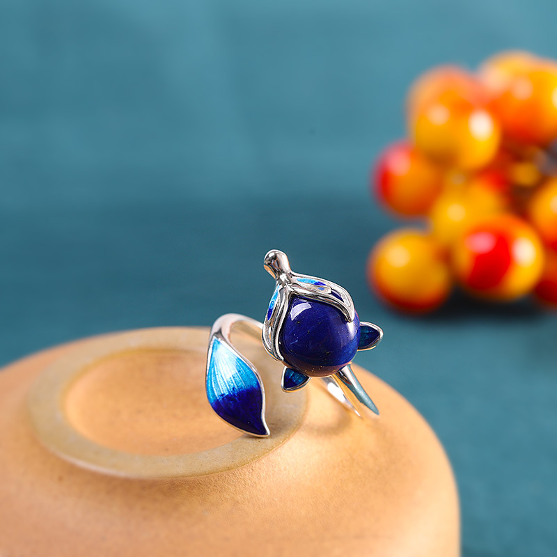 Lapis Lazuli Fox Ring - 925 Sterling Silver Enamel Open Ring