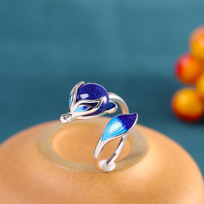 Lapis Lazuli Fox Ring - 925 Sterling Silver Enamel Open Ring
