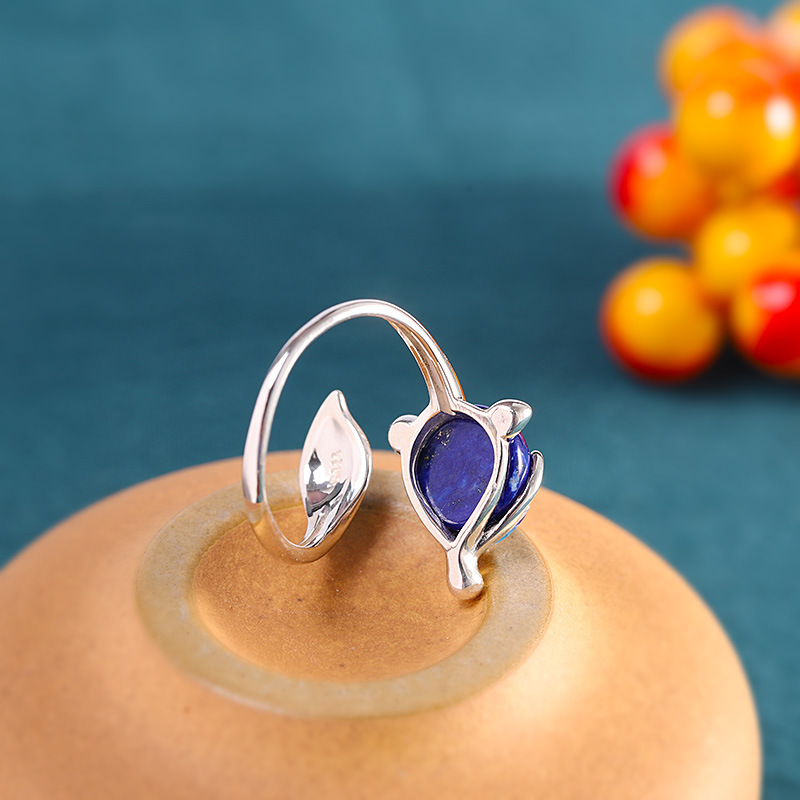 Lapis Lazuli Fox Ring - 925 Sterling Silver Enamel Open Ring