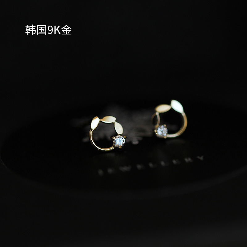 9K真金橄榄叶小圈耳钉