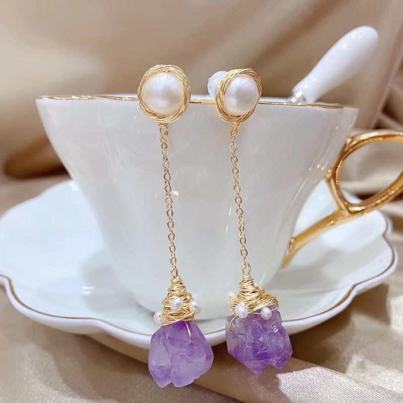 小众名媛天然紫水晶淡水珍珠耳钉 网红时尚14k包金
