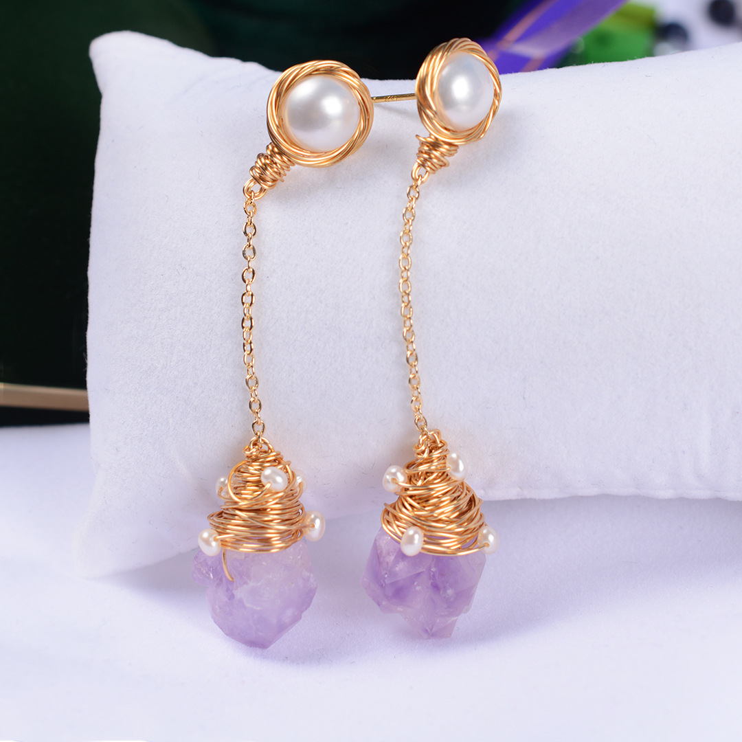 小众名媛天然紫水晶淡水珍珠耳钉 网红时尚14k包金