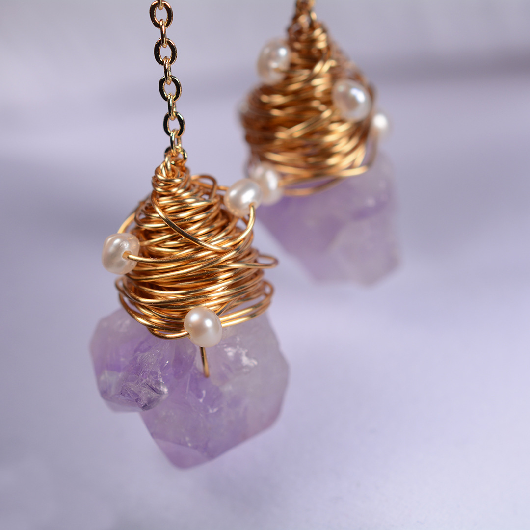 小众名媛天然紫水晶淡水珍珠耳钉 网红时尚14k包金