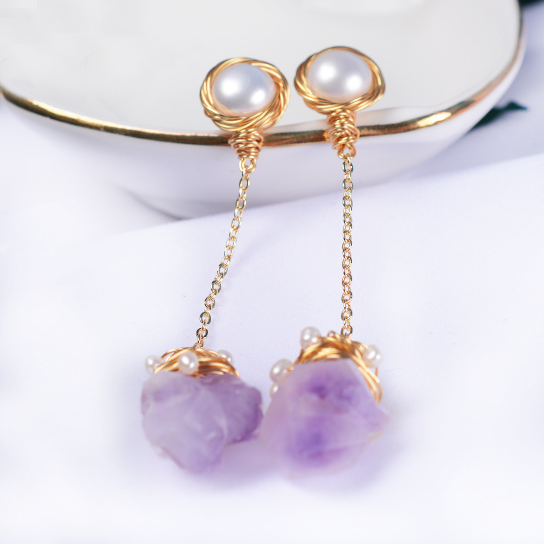 小众名媛天然紫水晶淡水珍珠耳钉 网红时尚14k包金