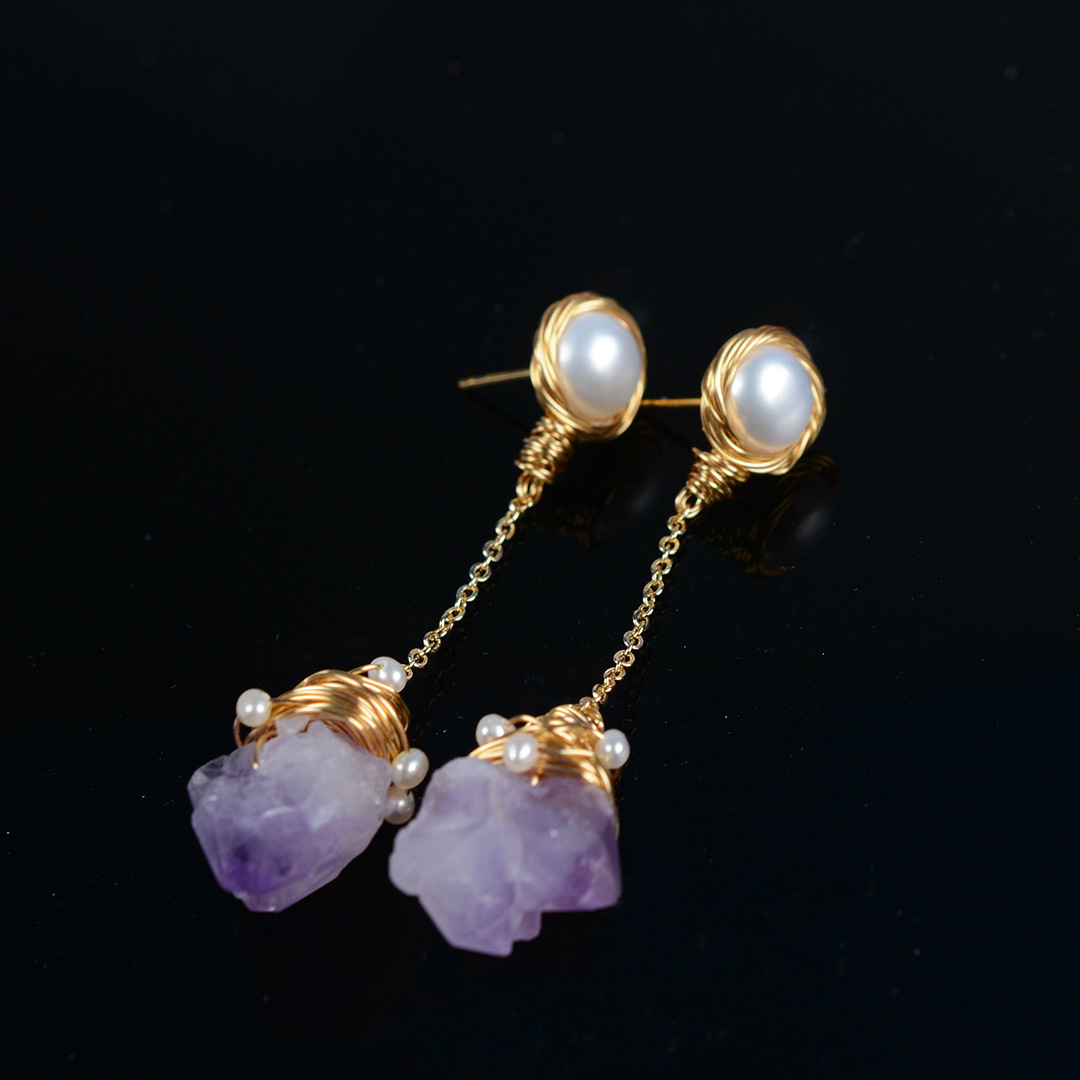 小众名媛天然紫水晶淡水珍珠耳钉 网红时尚14k包金