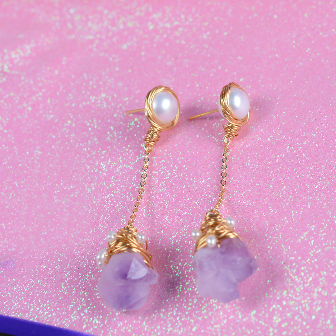小众名媛天然紫水晶淡水珍珠耳钉 网红时尚14k包金