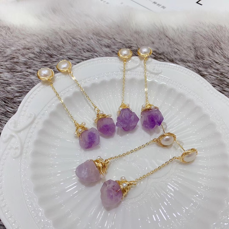 小众名媛天然紫水晶淡水珍珠耳钉 网红时尚14k包金