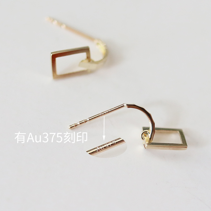 9K金 长方框半耳圈耳钉