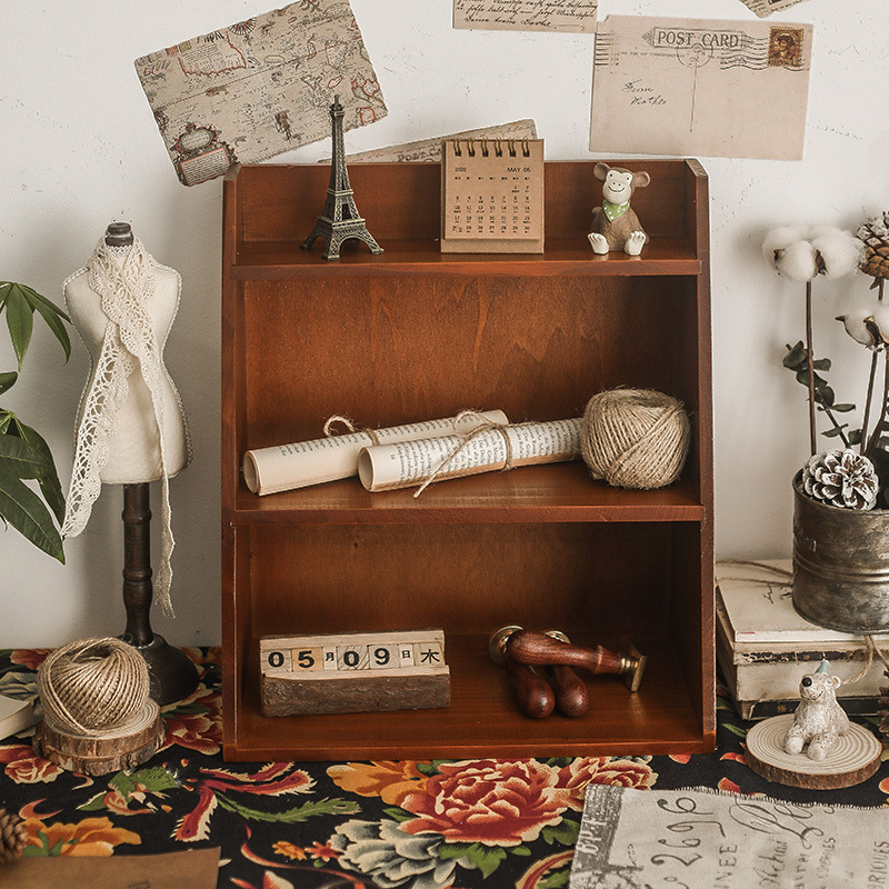 桌面收纳挂墙式木质盒子柜木制办公桌多层复古化妆品置物架zakka