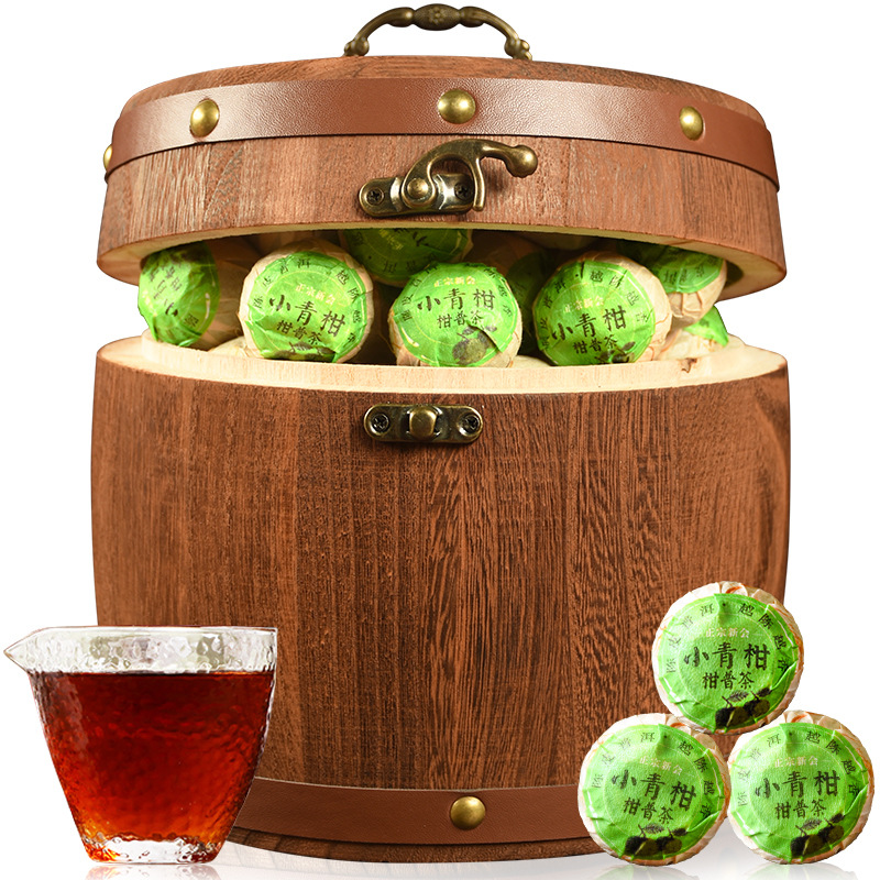 新会陈皮小青柑宫廷普洱陈年熟茶叶柑普礼盒木桶装500g勐海普洱