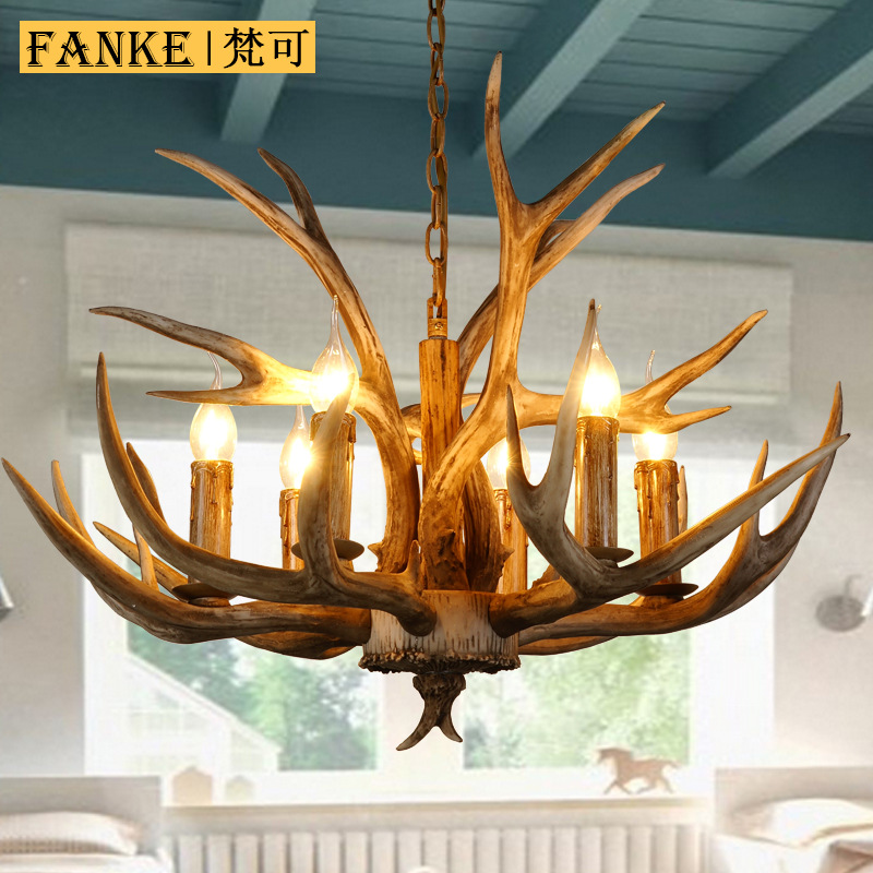 美式客厅复古艺术灯北欧地中海灯具网咖服装店餐厅树脂鹿角吊灯