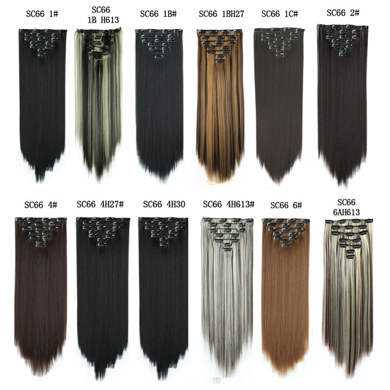 欧美卡子发七件套外贸假发女16卡接发片高温丝长直发7件套卡子发