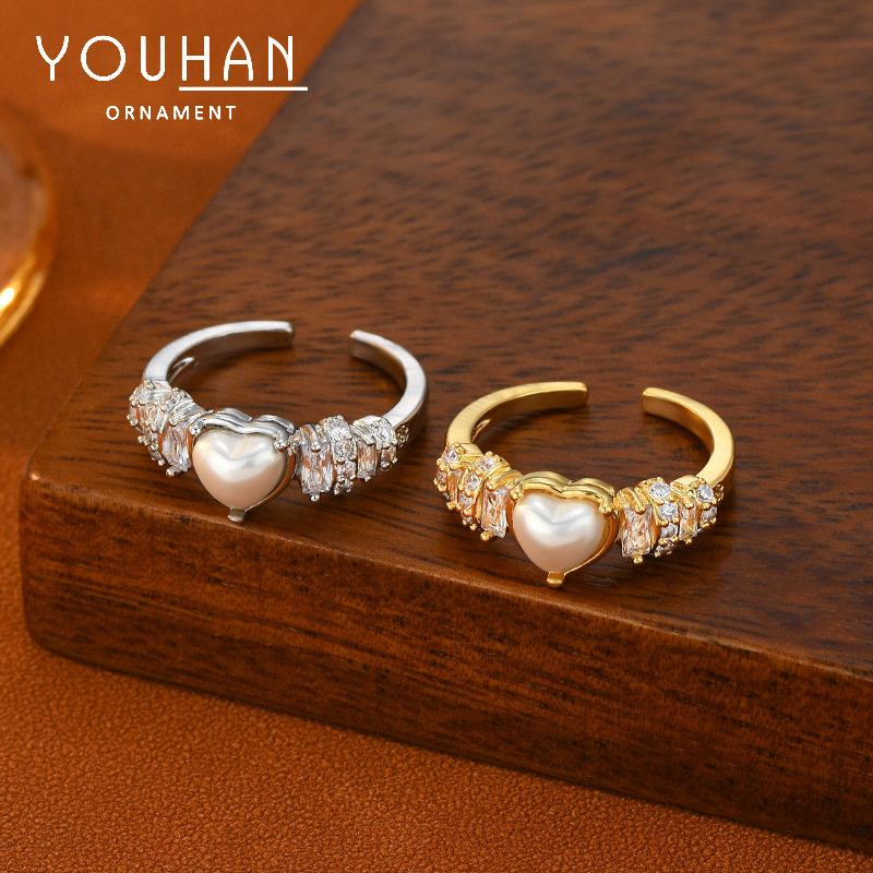 韩国时尚设计感个性开口戒指女2024年新款爱心指环精致珍珠食指戒