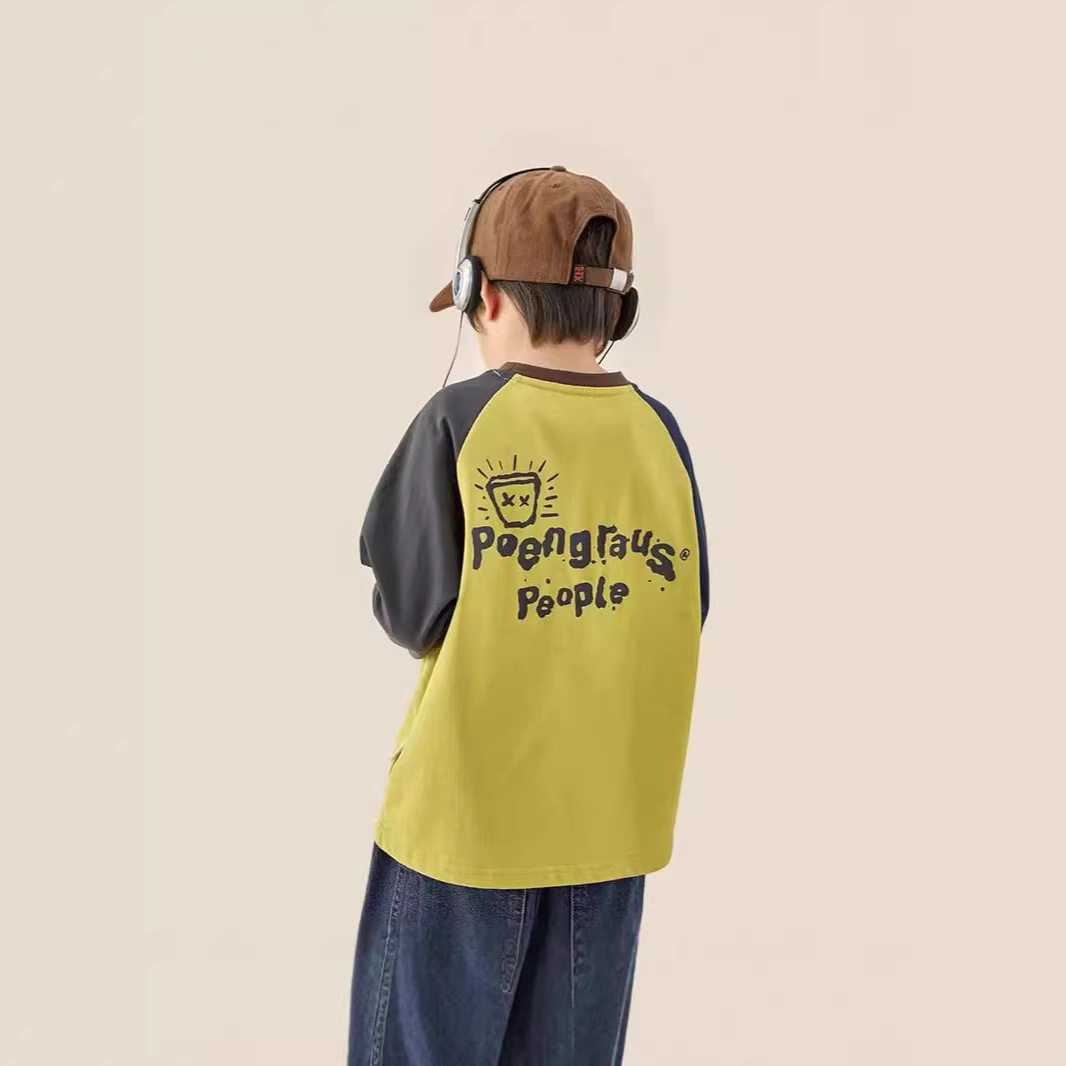 儿童纯棉T恤春秋季男童插肩长袖休闲中大童卫衣上衣100%棉