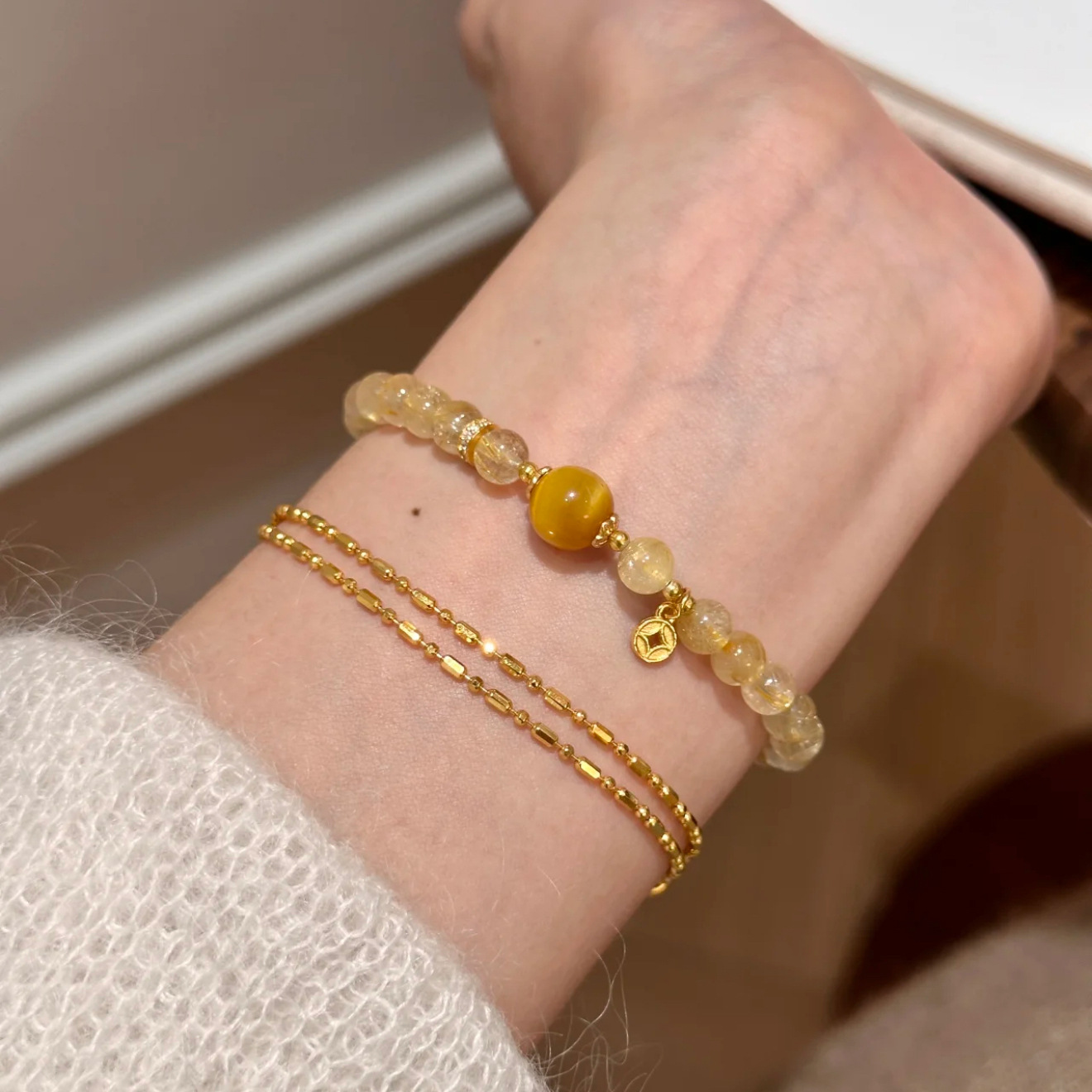 Natural Blonde Rutilated Quartz Coin-Inlaid Wealth Bracelet | Attract Wealth and Prosperity, Enhance Luck, Ward Off Evil, Unisex