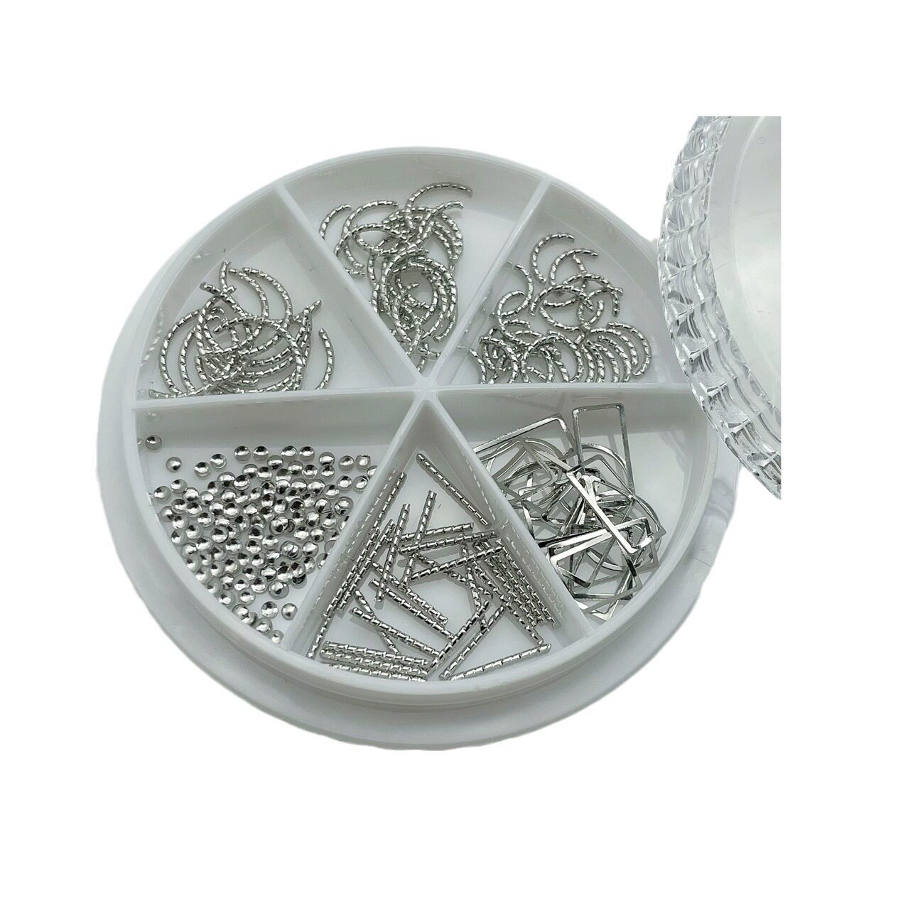 日系美甲常用铆钉六格盒装指甲百搭小金属弯棒银色银灰镂空金属框