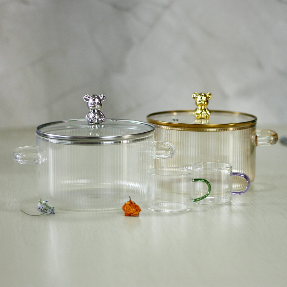 小熊条纹锅玻璃锅汤锅加厚双耳透明玻璃奶锅泡面碗高颜值火锅不粘