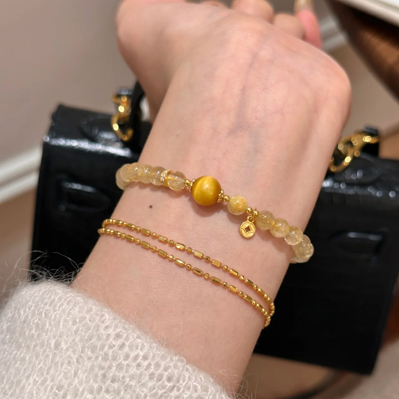 Natural Blonde Rutilated Quartz Coin-Inlaid Wealth Bracelet | Attract Wealth and Prosperity, Enhance Luck, Ward Off Evil, Unisex