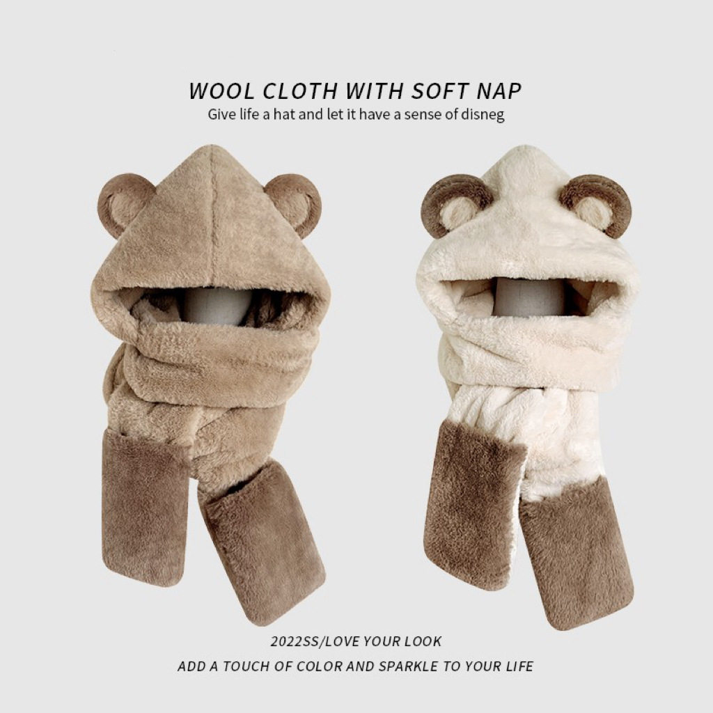 兔绒帽子女2024新款冬可爱小熊骑行保暖围巾一体帽百搭加绒围脖