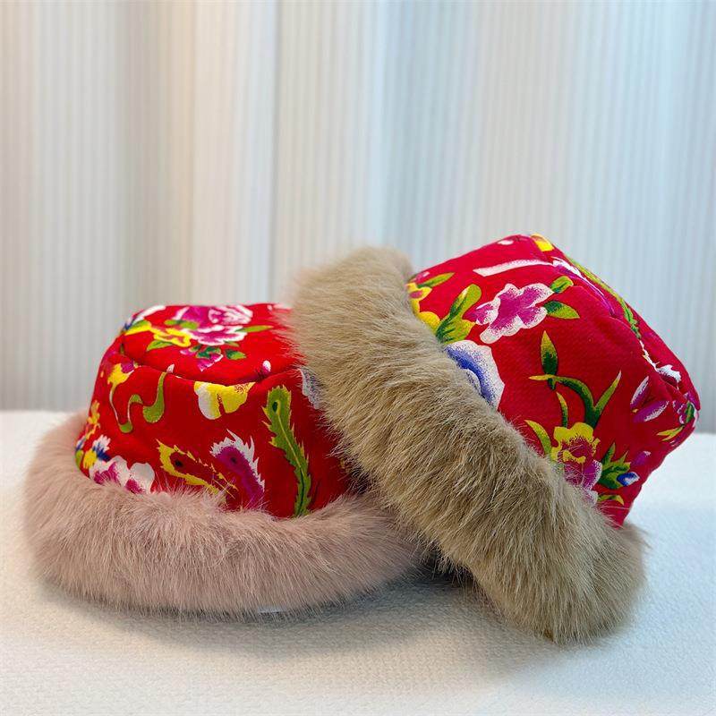 东北大花帽子2024新款民族风加厚毛绒渔夫帽防寒保暖蒙古帽秋冬季