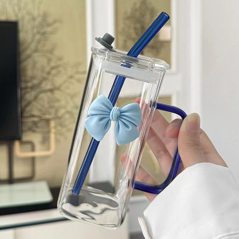 方形玻璃杯带把手水杯新款女高颜值杯子家用喝水吸管杯耐高温简约