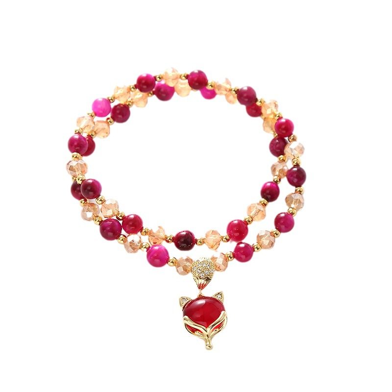 Natural Rosy Tiger's Eye Crystal Bracelet Double - layer Little Fox Bead String