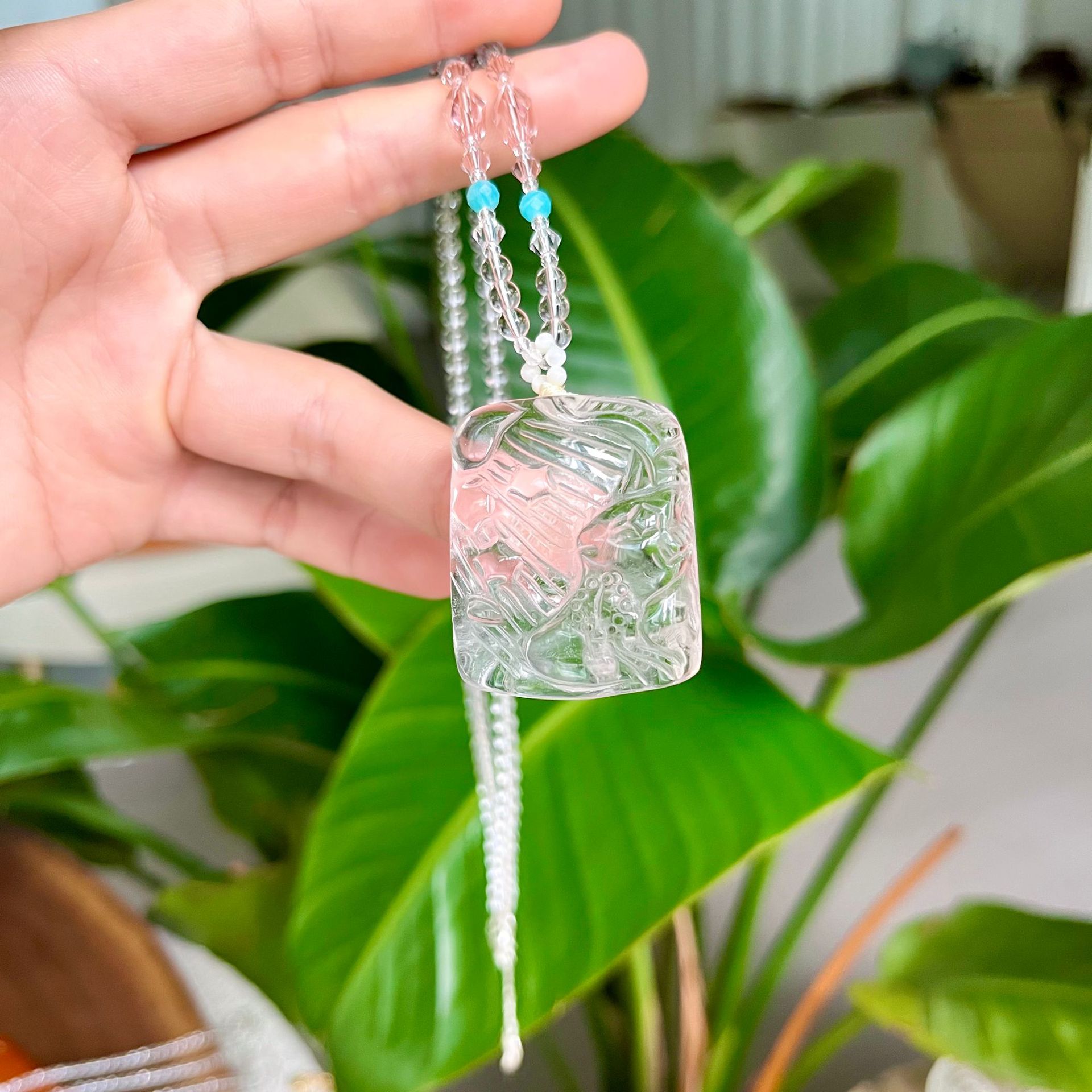 Natural Pink Crystal Nine-Tailed Fox Pendant | Peach Blossom and Romance Crystal Necklace, Girls' Talisman