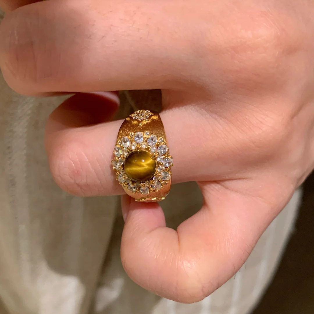 Vintage Tiger Eye Crystal Ring - Wide Band Statement Ring for Women