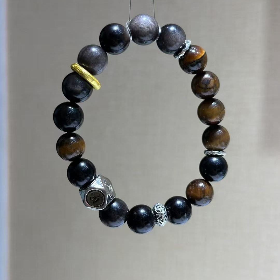 Natural Tiger Eye and Black Obsidian Six-Syllable Mantra Bracelet | Protective Energy Bracelet for Warding Off Evil and Bringing Good Luck