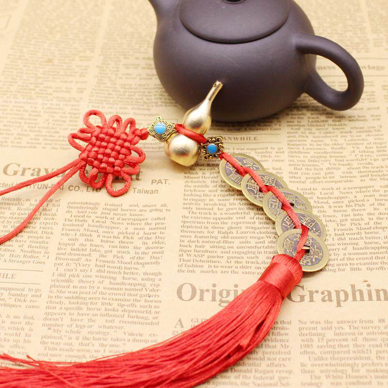 黄铜葫芦真铜五帝钱开口车载吊坠中国结红色装饰品车挂件门对门