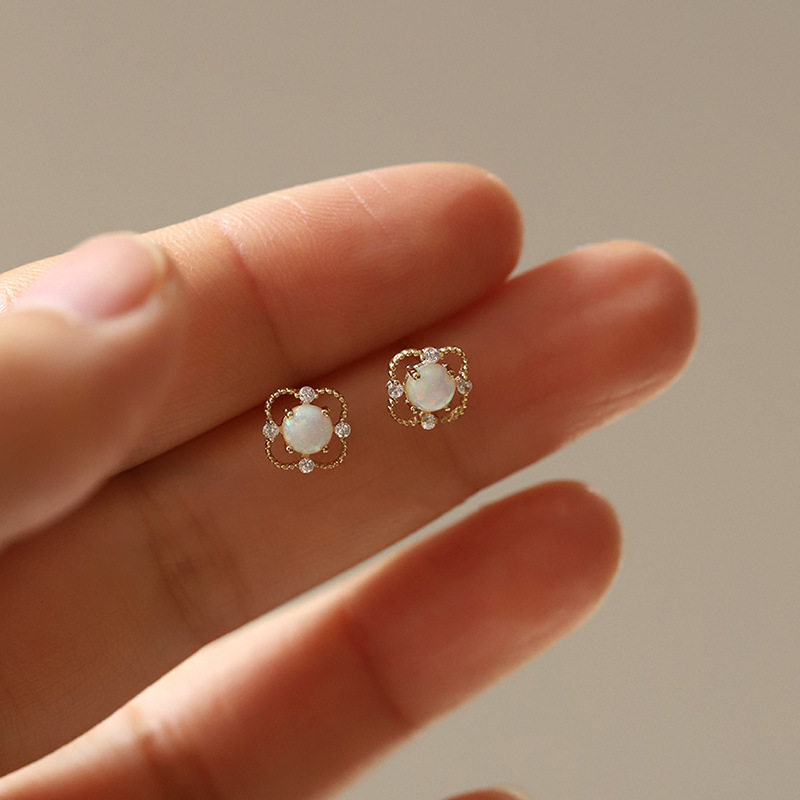 9K gold Opal square ring stud earrings