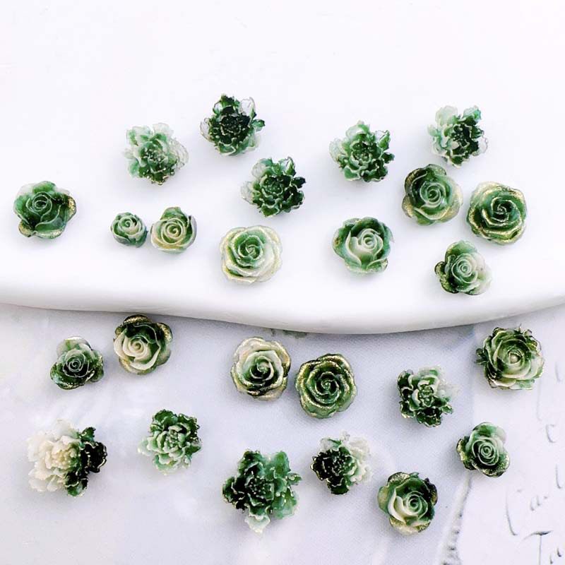 夜光抖音爆款绿色系花苞玫瑰美甲饰品仿真牡丹复古渲染指甲材料包