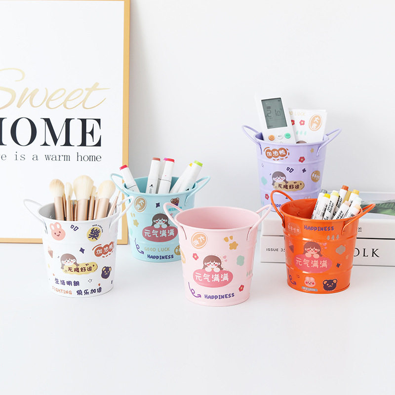 简约ins风铁艺笔筒美式铁桶学生文具收纳桶办公桌面创意笔筒