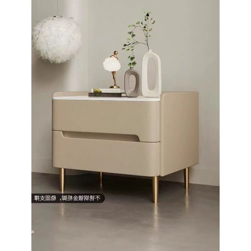 意式轻奢岩板实木床边柜皮质简约现代卧室家用床头柜小型整装