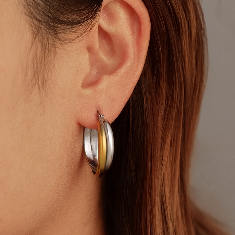 跨境欧美风球面圆形镀18K金双色女士潮流不锈钢耳环简约潮流耳饰