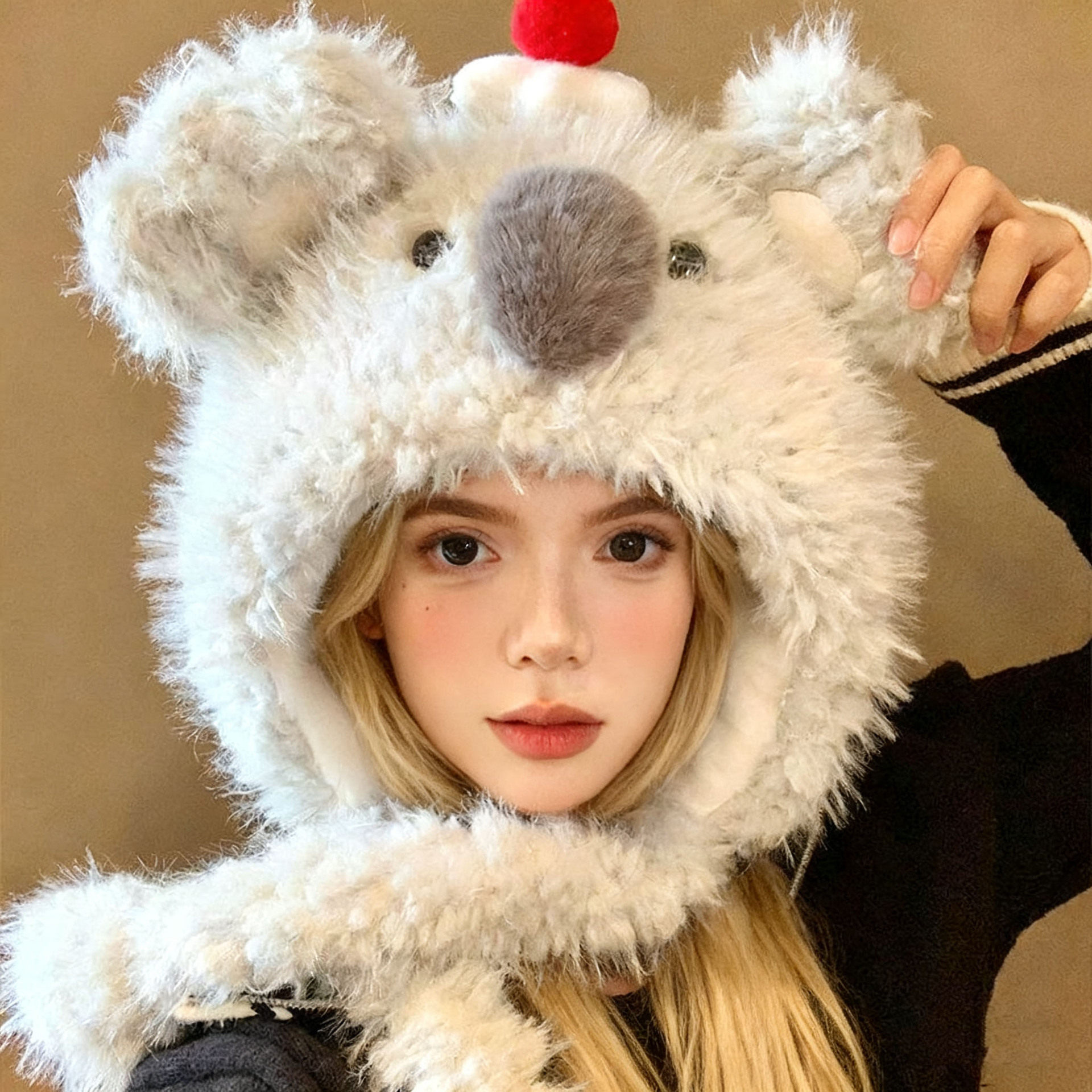 可爱耳朵会动的考拉毛绒帽女秋冬保暖护耳甜美百搭照显脸小雷锋帽