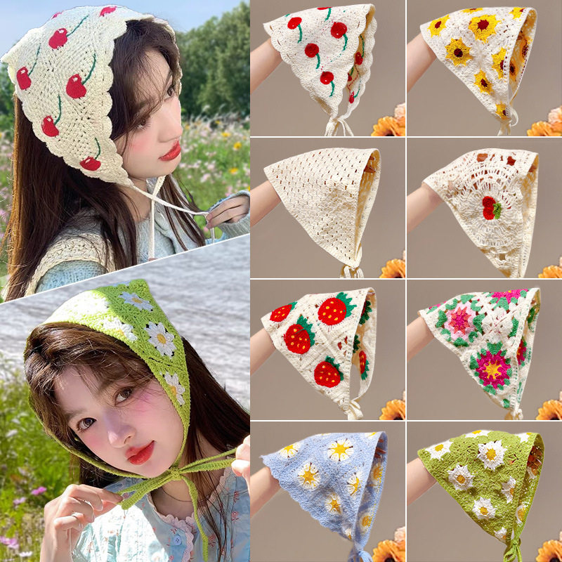 田园风头巾多巴胺针织钩花发箍辣妹法式三角巾头饰田园风头巾女