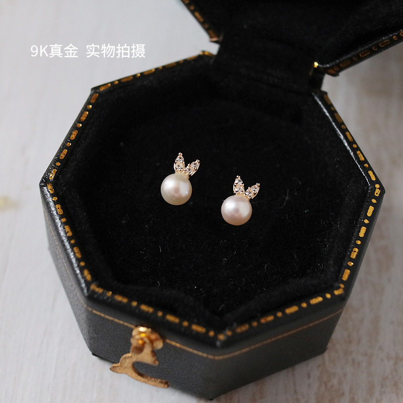 9K gold rabbit ear pearl stud earrings