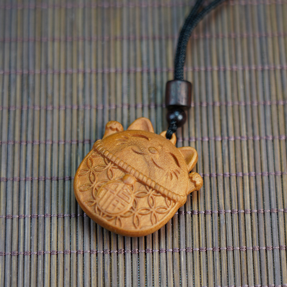 Thunderstruck Peach Wood Maneki-Neko Pendant - Natural Evil-Warding, Wealth-Attracting Talisman, Unisex Mascot