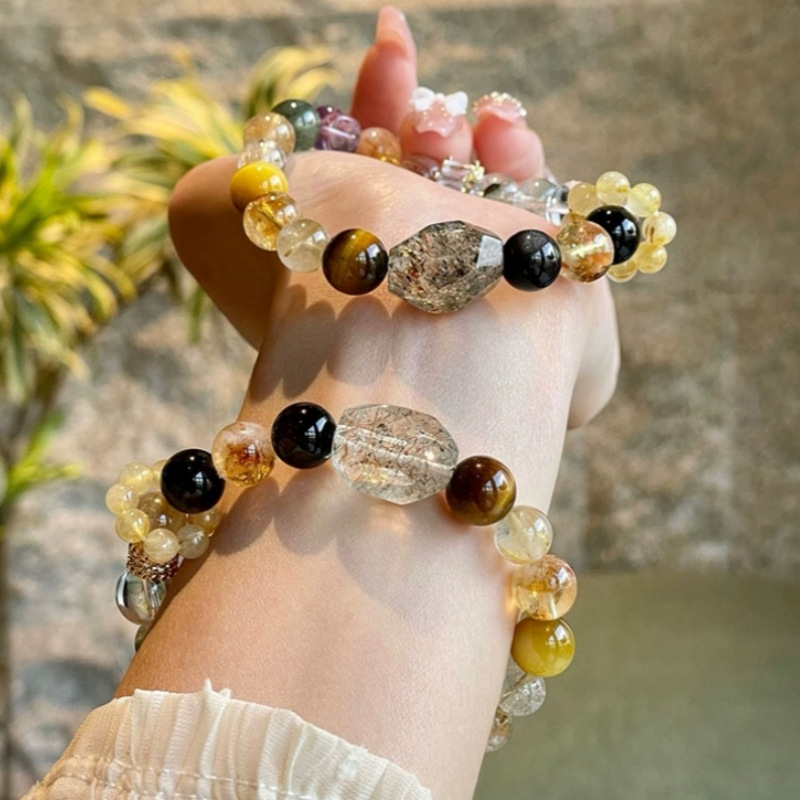 Natural Crystal Bracelet Black Gold Super Irregular Tiger's Eye Stone Gold Rutile Green Phantom Multi-Gem Bracelet - Energy Healing, Wealth Attraction, Luck Transformation