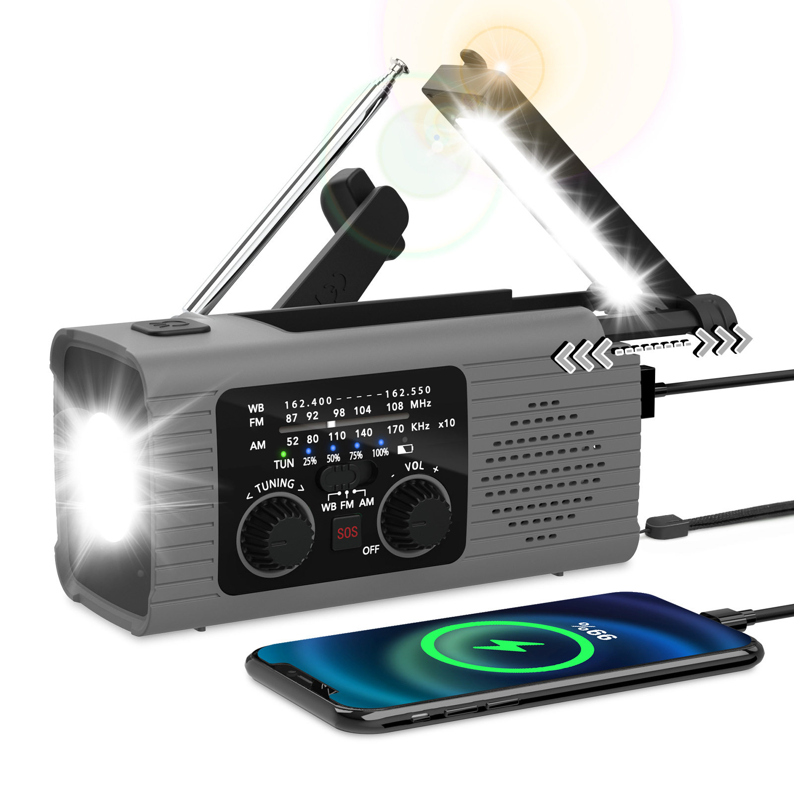 跨境应急收音机立体声手摇充电收音机便携式户外成人太阳能收音机