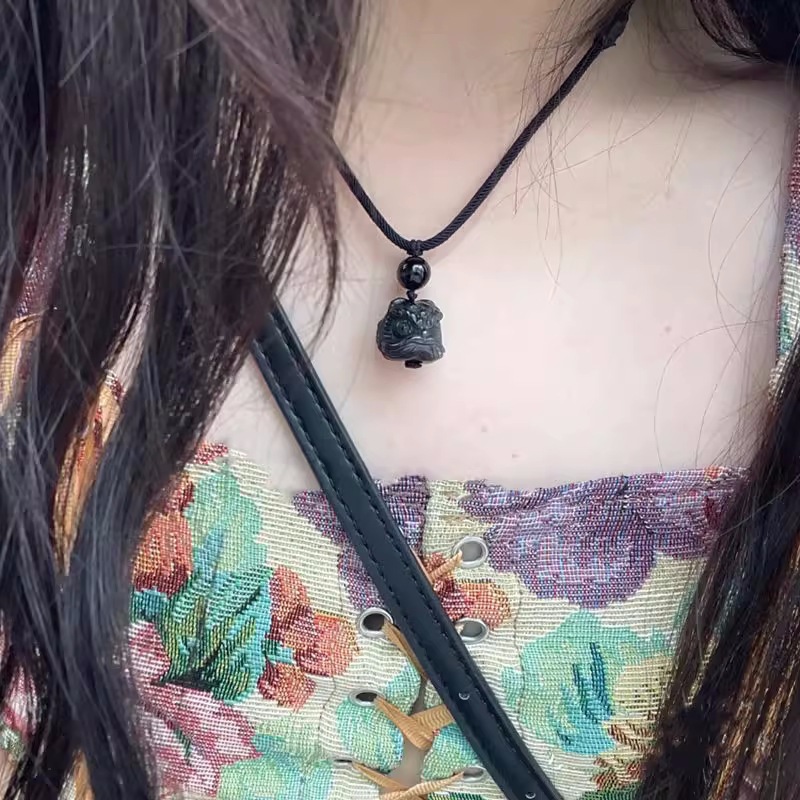 Obsidian Little Awakening Lion Energy Pendant - Wealth Attraction and Evil Warding Talisman, Natural Crystal Jewelry