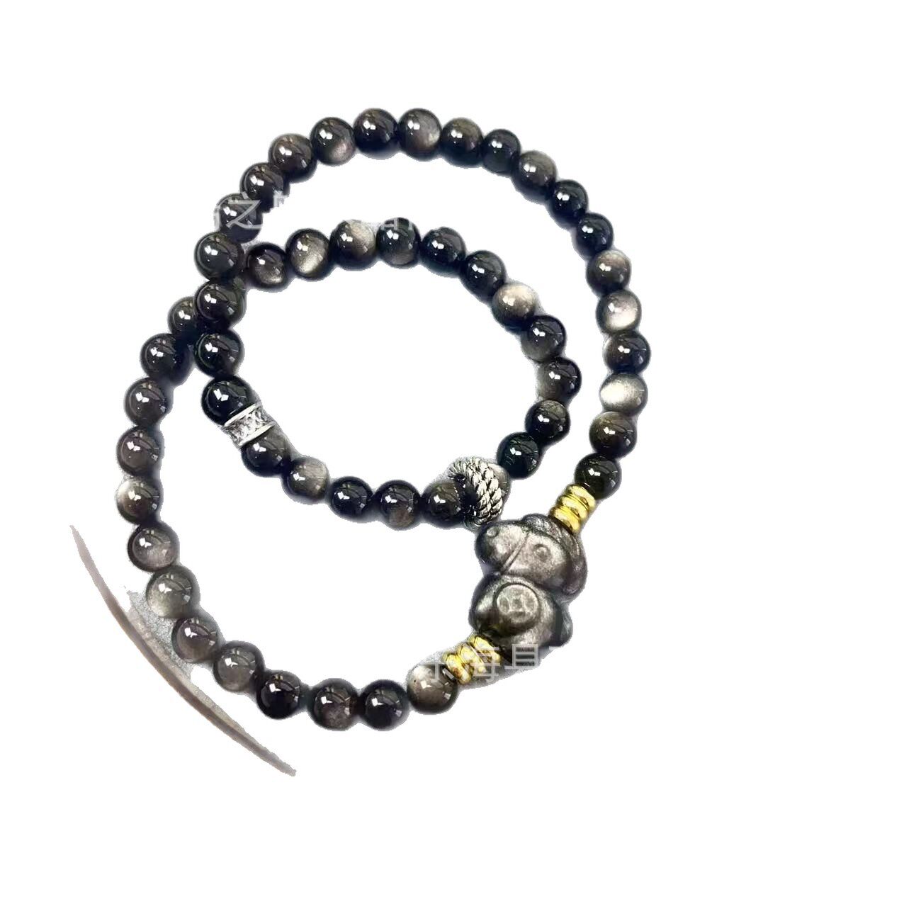Double-Wrap Modern Chinese Silver Obsidian Bracelet