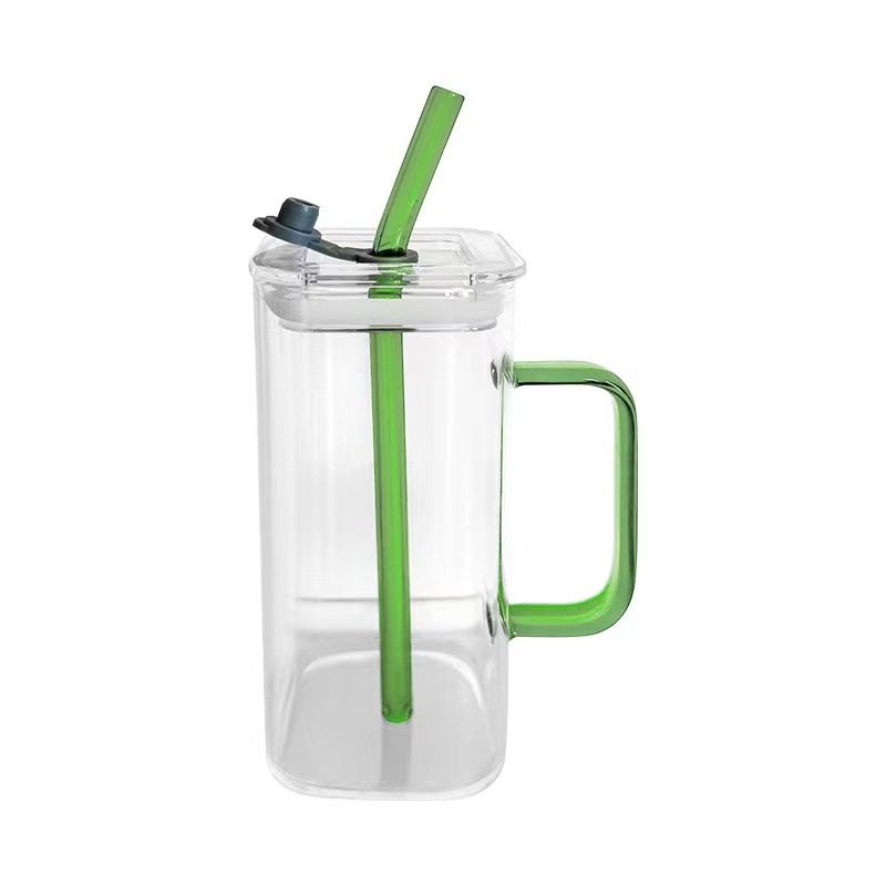 方形玻璃杯带把手水杯新款女高颜值杯子家用喝水吸管杯耐高温简约