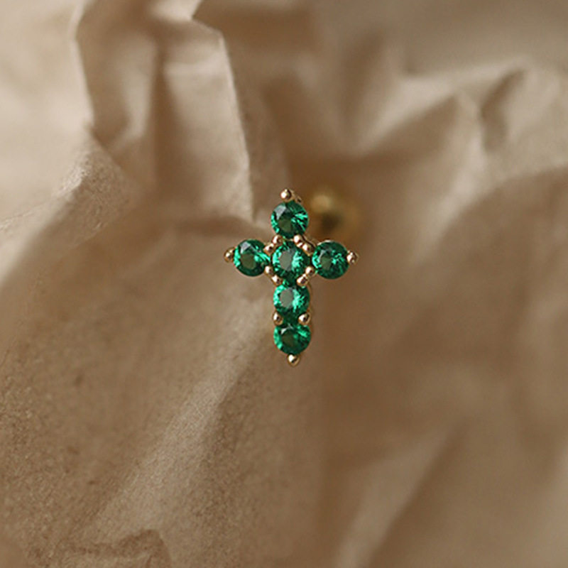 9K gold emerald zircon cross screw stud earrings