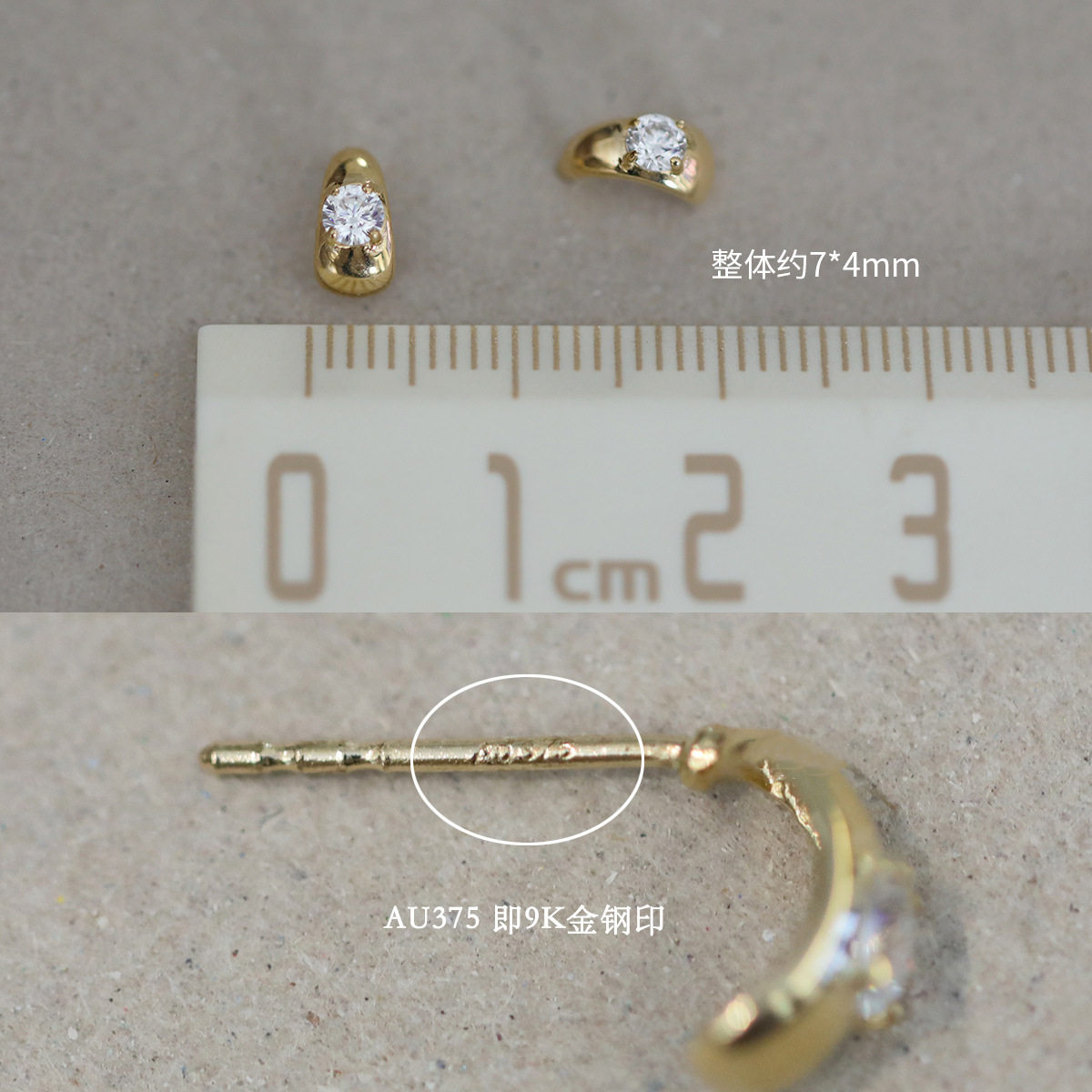 9K gold diamond-encrusted small teardrop ear studs