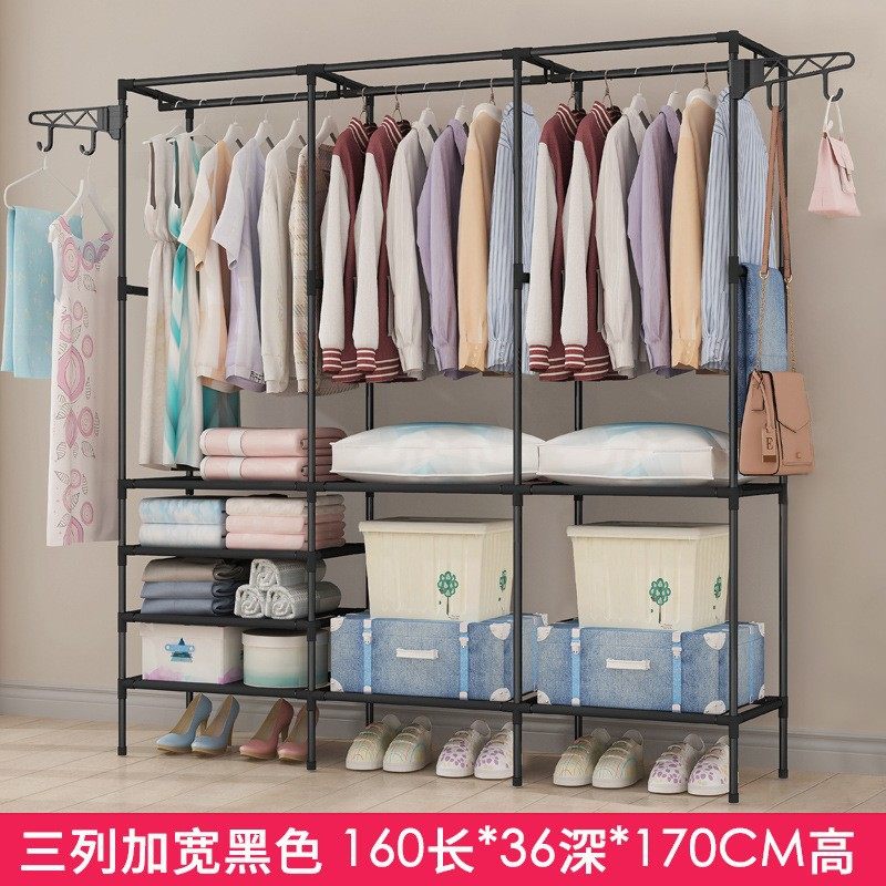 批发衣帽架落地双排收纳卧室宿舍家用拼接加固多功能简易衣帽架