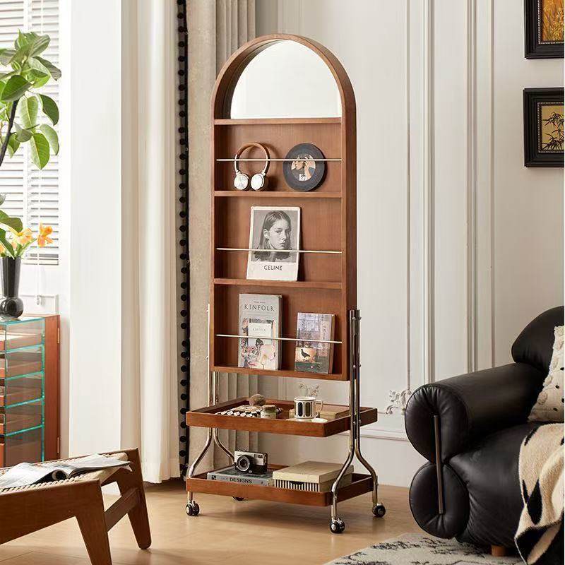 家用实木可移动穿衣镜客厅全身镜收纳置物架书架一体卧室落地镜子