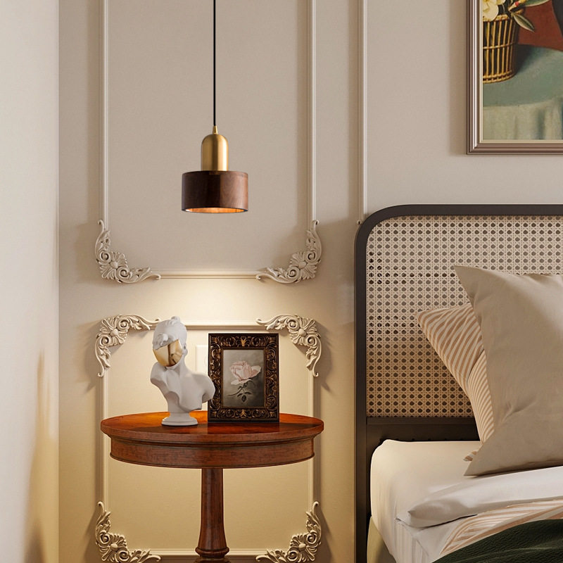 ins北欧风黑胡桃木床头餐厅实木吊灯吧台餐厅复古原木色黄铜吊灯