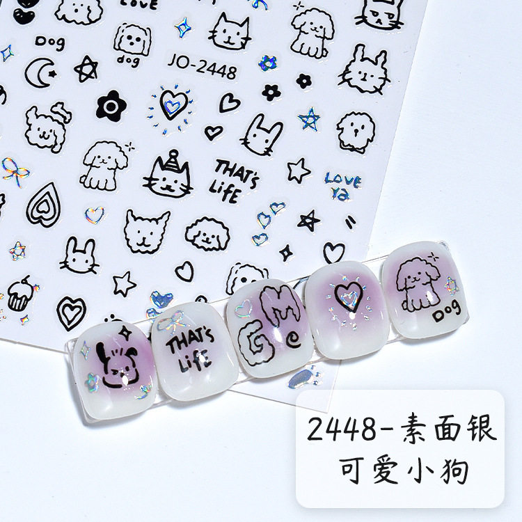 网红美甲贴纸甜酷卡通手绘小猫小狗贴花涂鸦字母小兔带背胶指甲贴